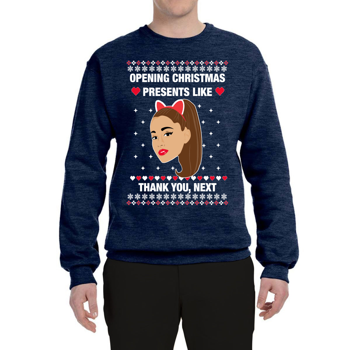 Opening Christmas Presents Like Thank You, Next Ugly Christmas Sweater Unisex Crewneck Graphic Sweatshirt