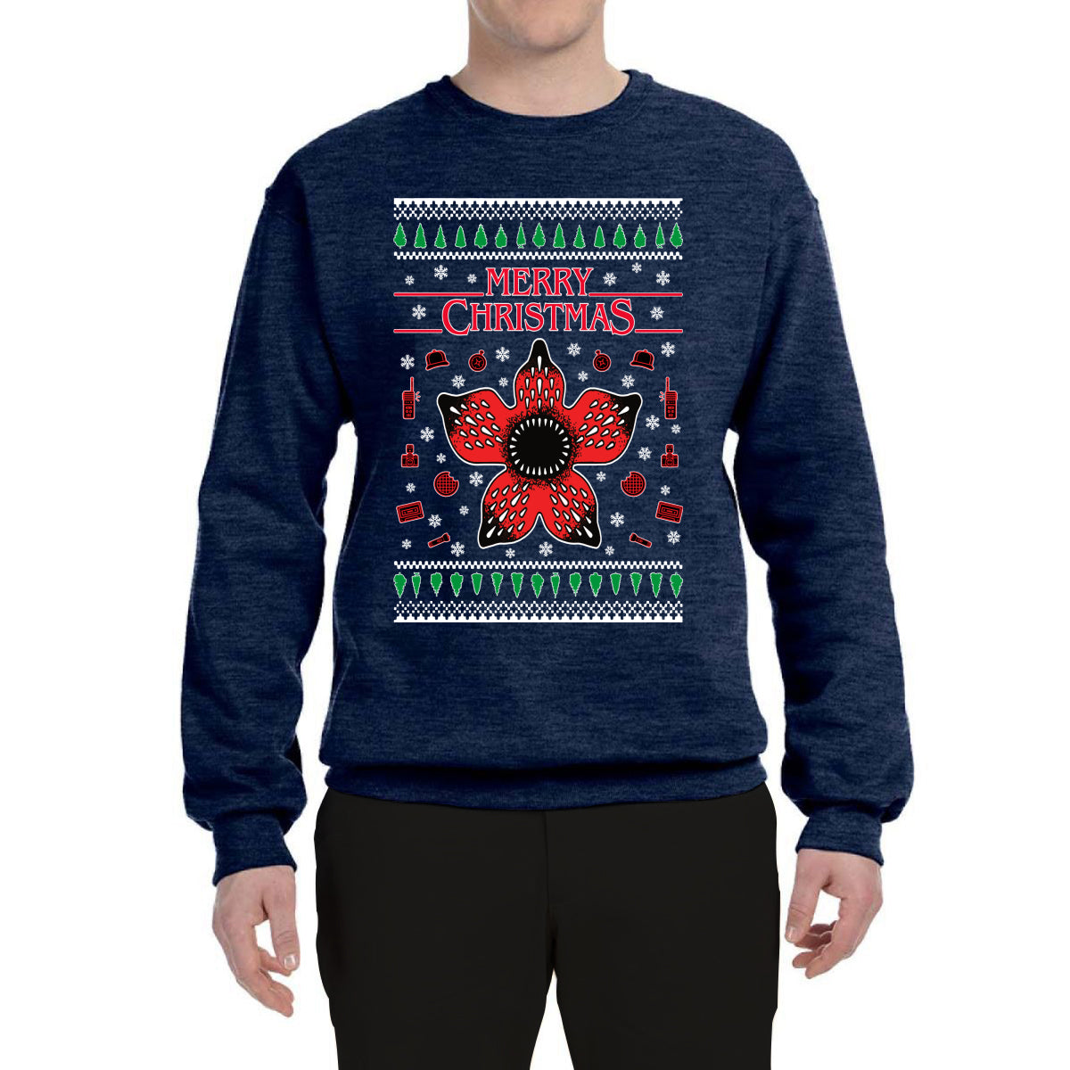 Merry Christmas Collage of Flower, Phone, Camera, and Compass Ugly Christmas Sweater Unisex Crewneck Graphic Sweatshirt