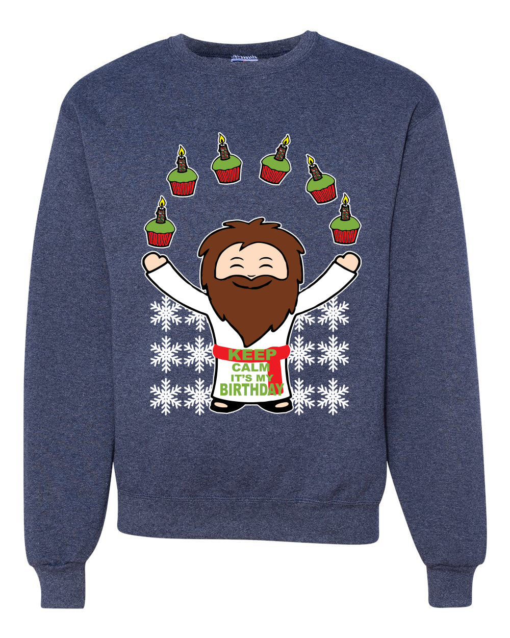 Keep Calm It's My Birthday Funny Jesus Juggling Cupcakes Merry Ugly Christmas Sweater Unisex Crewneck Graphic Sweatshirt