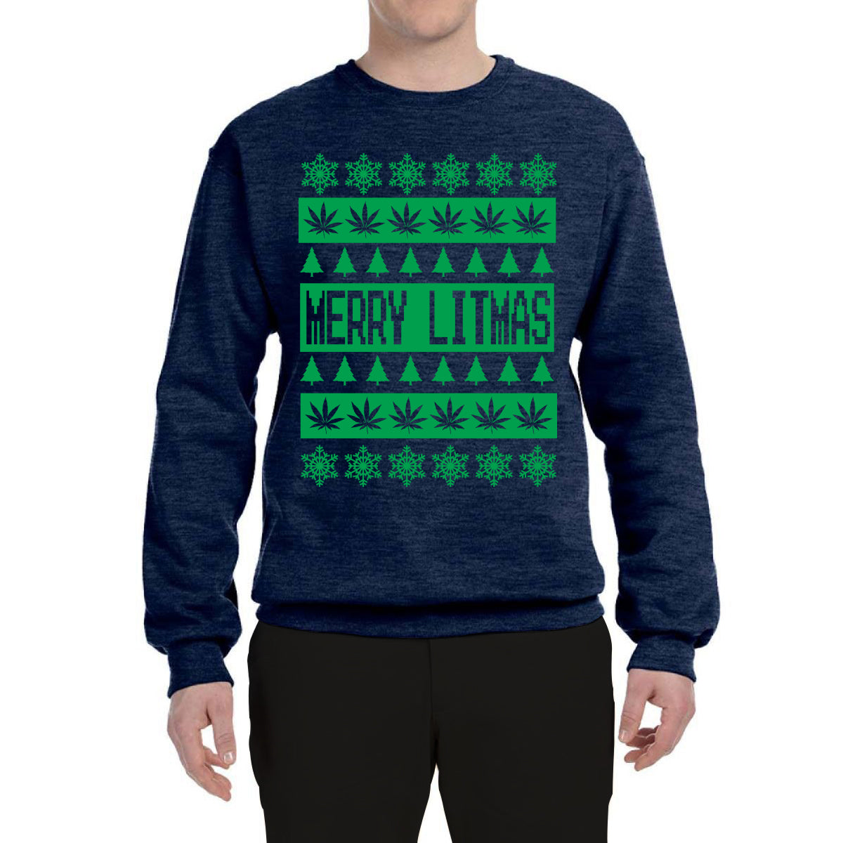 Merry Litmas Funny Weed Pot Leaf Marijuana Xmas Merry Ugly Christmas Sweater Unisex Crewneck Graphic Sweatshirt