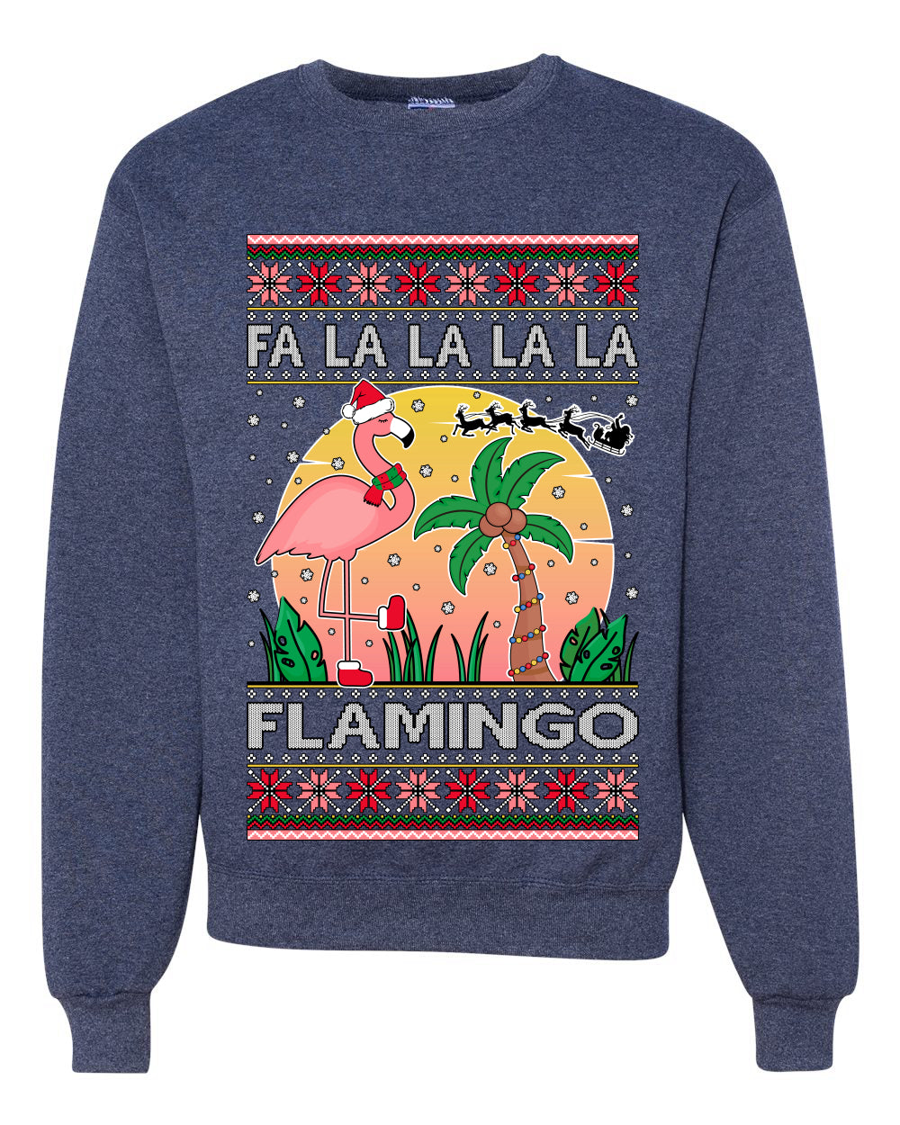 Fa La La La Mingo Pink Flamingo Santa Hat Lighting Trees Ugly Christmas Sweater Unisex Crewneck Graphic Sweatshirt
