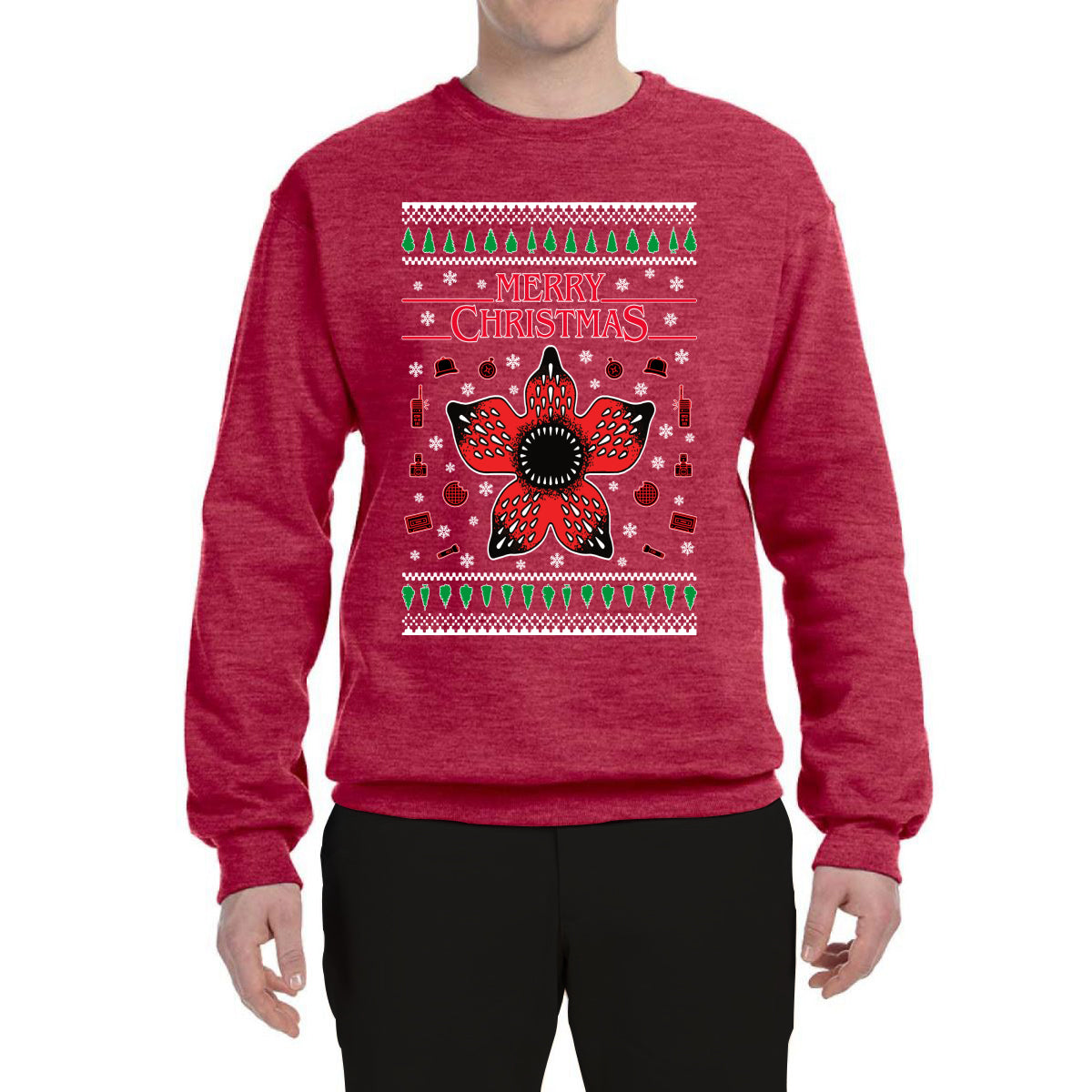 Merry Christmas Collage of Flower, Phone, Camera, and Compass Ugly Christmas Sweater Unisex Crewneck Graphic Sweatshirt