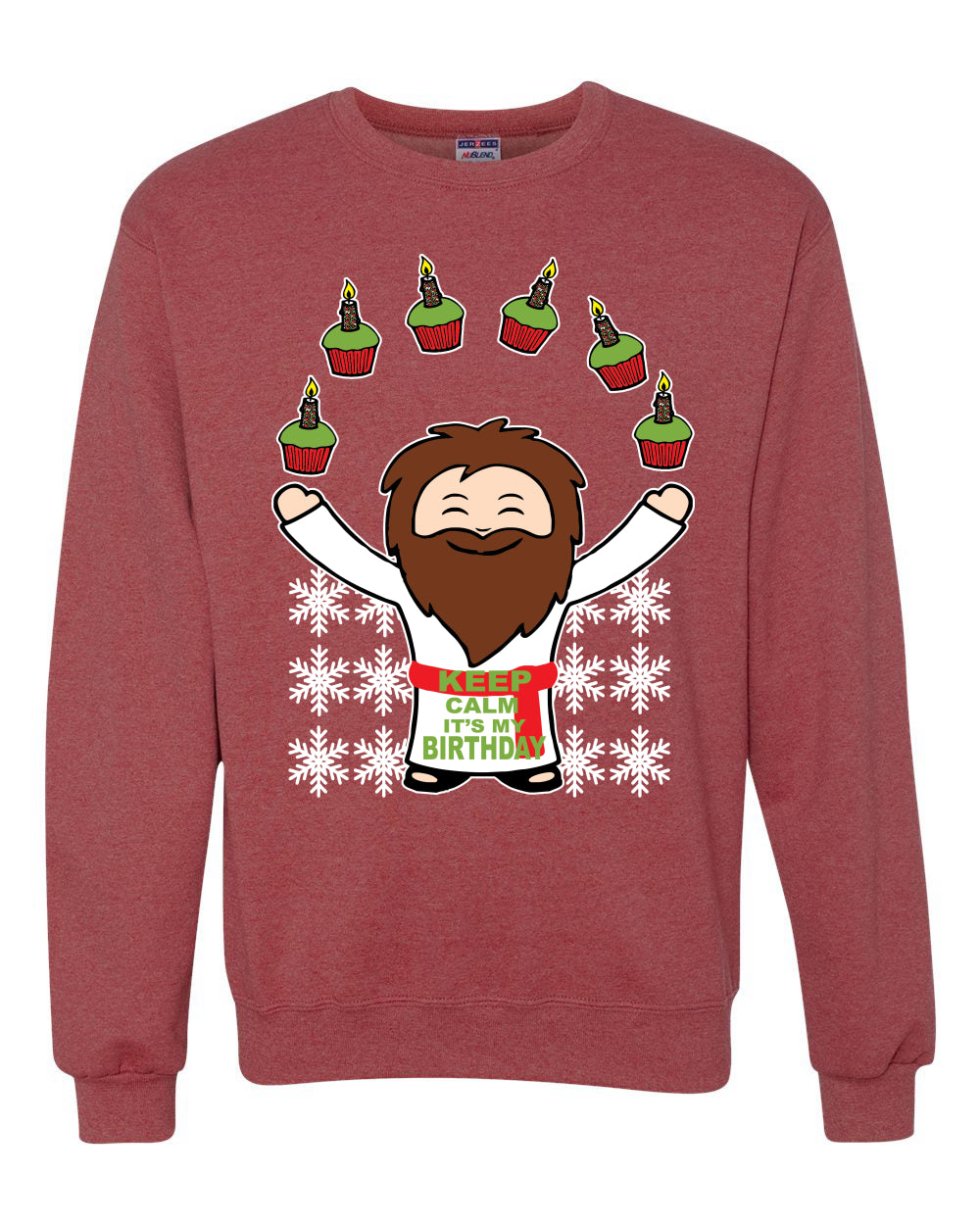 Keep Calm It's My Birthday Funny Jesus Juggling Cupcakes Merry Ugly Christmas Sweater Unisex Crewneck Graphic Sweatshirt