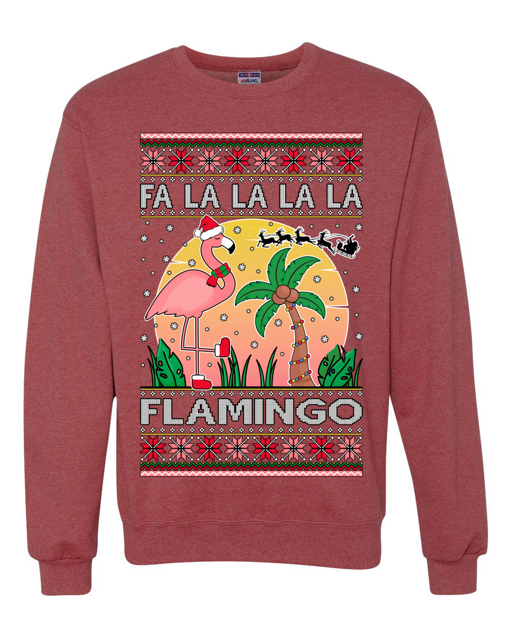 Fa La La La Mingo Pink Flamingo Santa Hat Lighting Trees Ugly Christmas Sweater Unisex Crewneck Graphic Sweatshirt