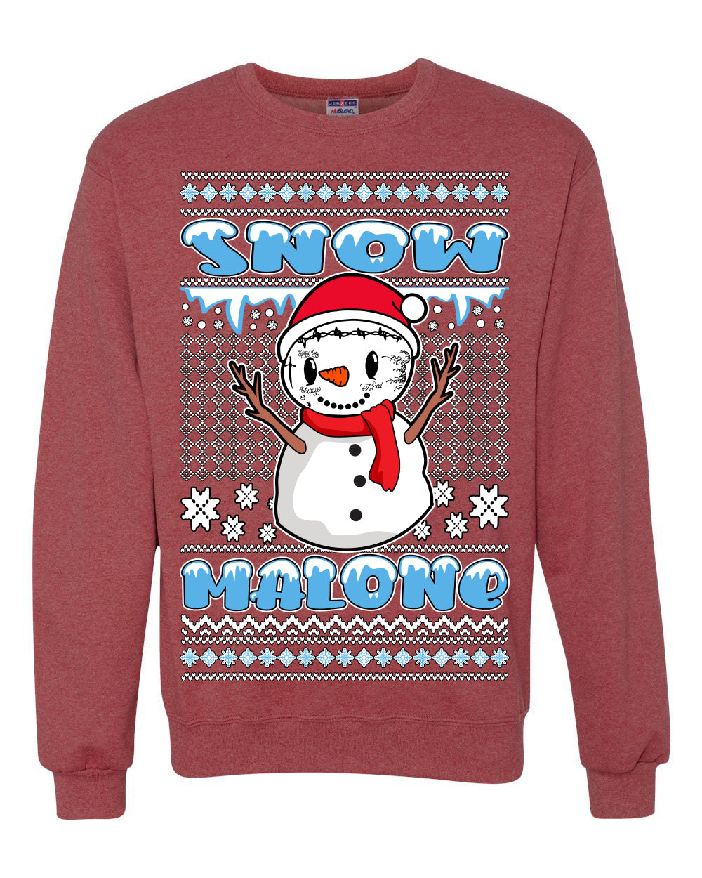 Snow Malone Snowman Face Tatoo Parody Ugly Christmas Sweater Unisex Crewneck Graphic Sweatshirt