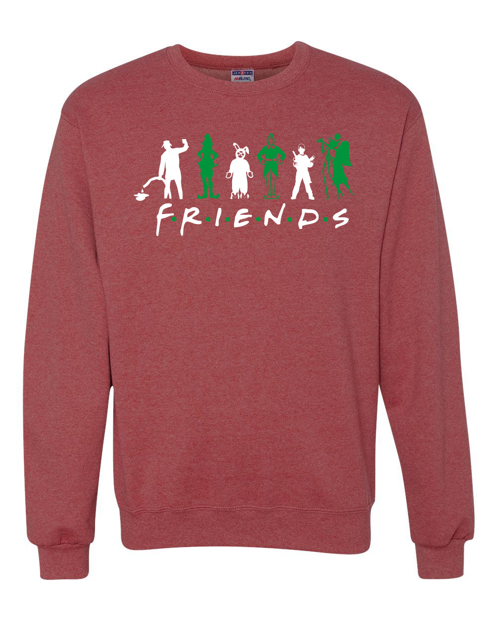 Iconic Holiday Movie Characters Friends Parody Green White Ugly Christmas Sweater Unisex Crewneck Sweatshirt