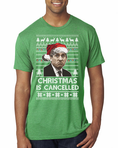 Christmas Is Cancelled Michael Scott Office Ugly Christmas Sweater Mens Premium Tri Blend T-Shirt