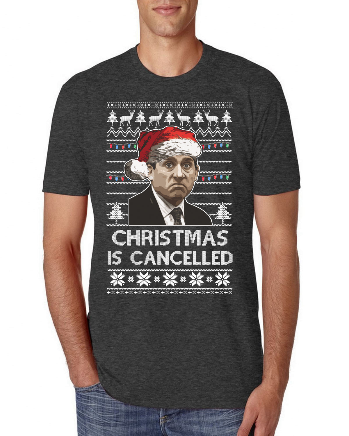 Christmas Is Cancelled Michael Scott Office Ugly Christmas Sweater Mens Premium Tri Blend T-Shirt