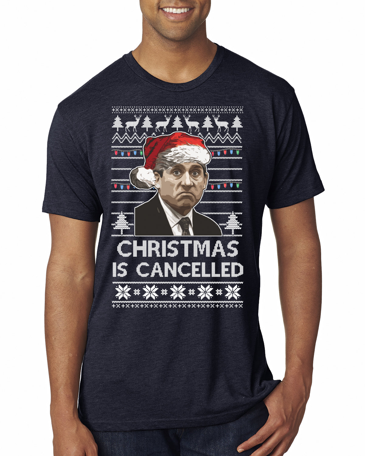 Christmas Is Cancelled Michael Scott Office Ugly Christmas Sweater Mens Premium Tri Blend T-Shirt