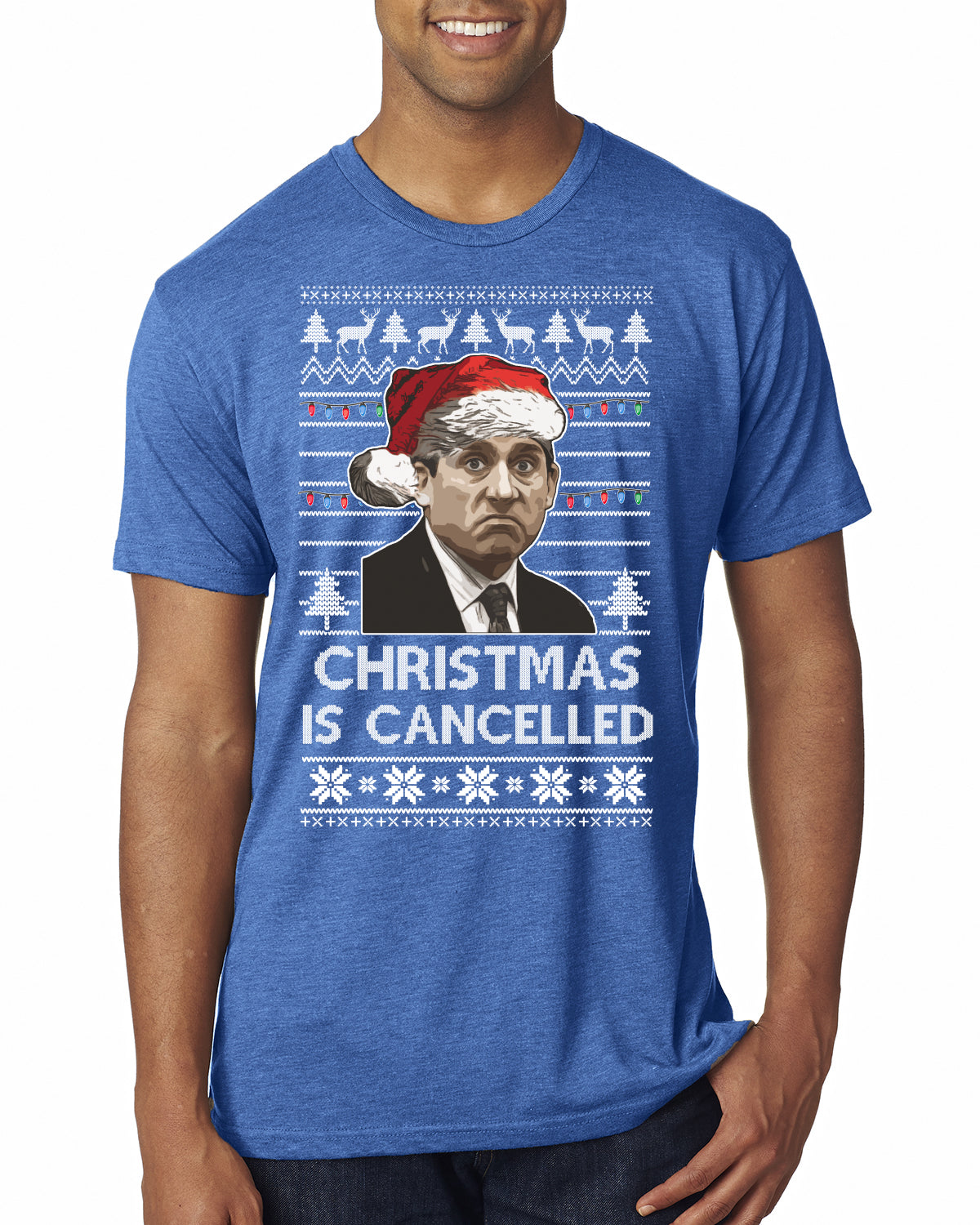 Christmas Is Cancelled Michael Scott Office Ugly Christmas Sweater Mens Premium Tri Blend T-Shirt