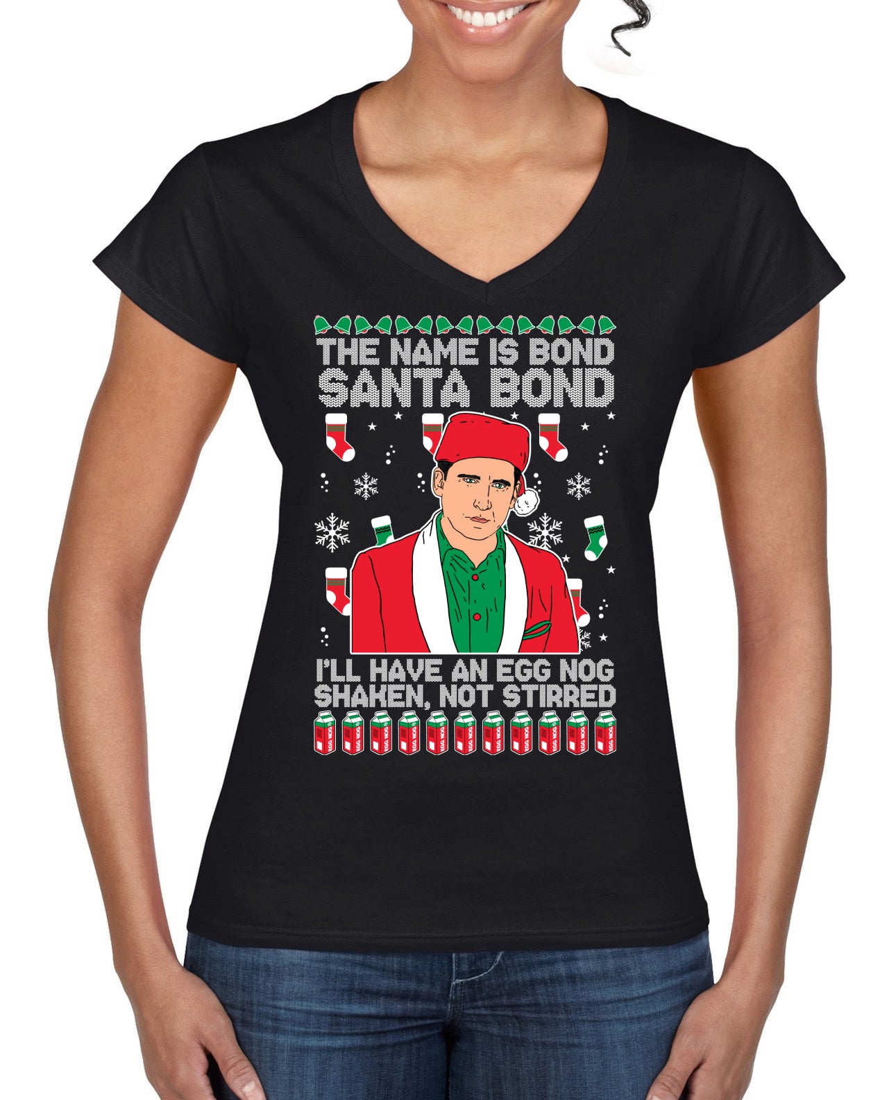 Michael Scott The Name is Bond Santa Bond Ugly Christmas Sweater Women’s Standard V-Neck Tee