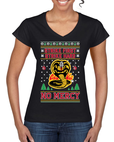 Strike First Strike Hard No Mercy Xmas Ugly Christmas Sweater Women’s Standard V-Neck Tee