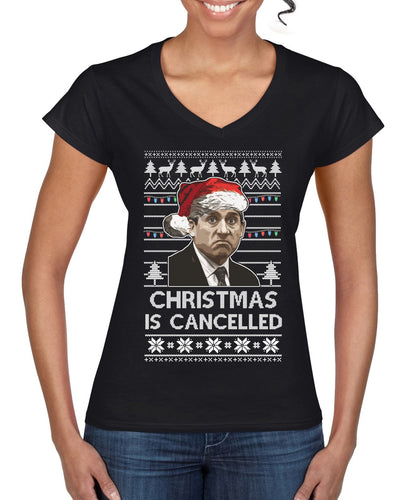 Christmas Is Cancelled Michael Scott Office Ugly Christmas Sweater Women’s Standard V-Neck Tee