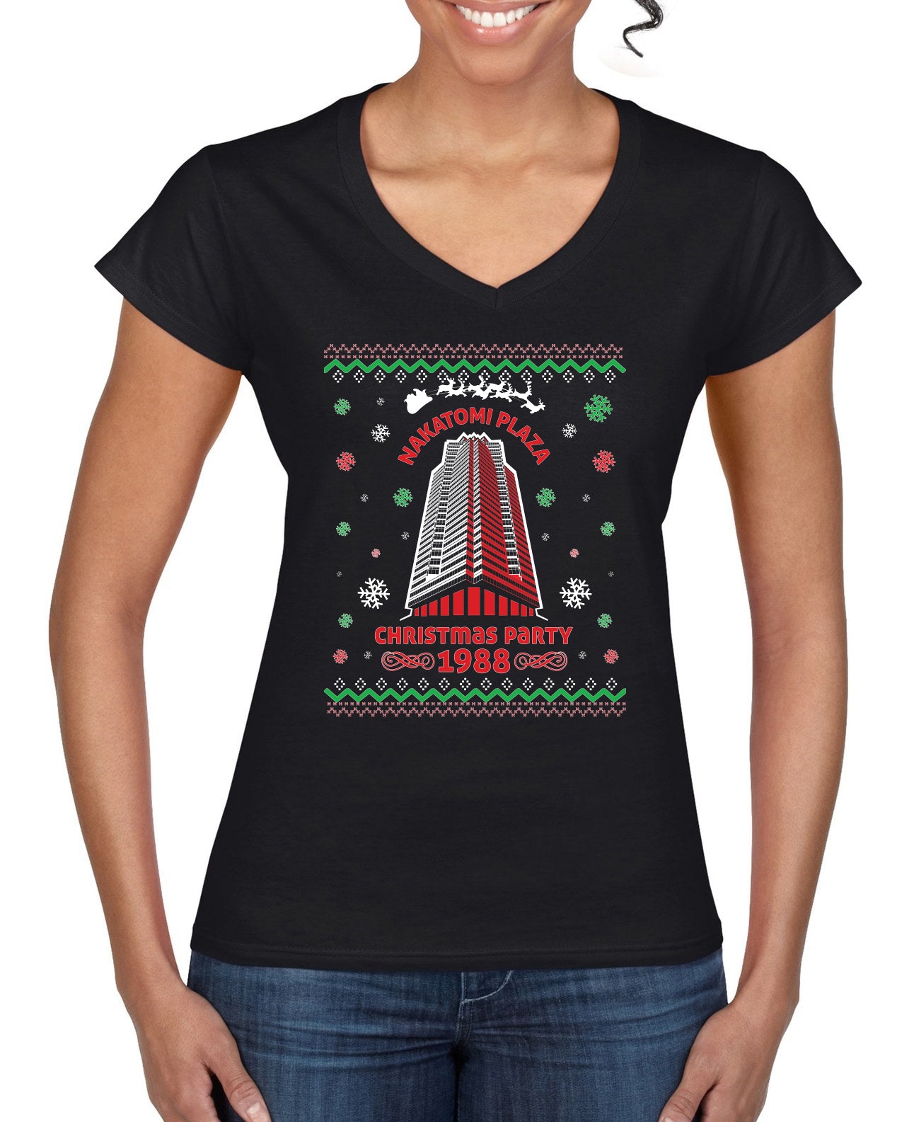 Nakatomi Plaza Christmas Party 1988 Ugly Christmas Sweater Women’s Standard V-Neck Tee