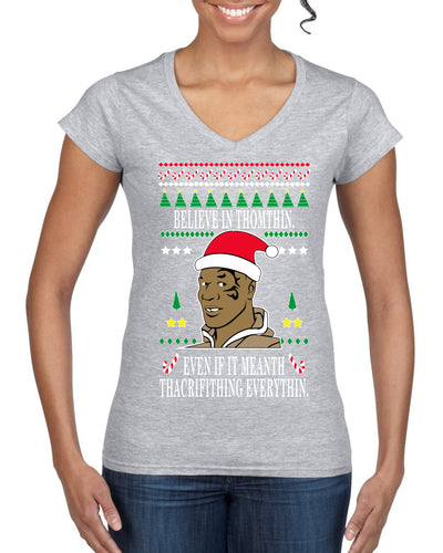 Lisp Believe In Thomthin Thacrifithing Everythin Ugly Christmas Sweater Women’s Standard V-Neck Tee