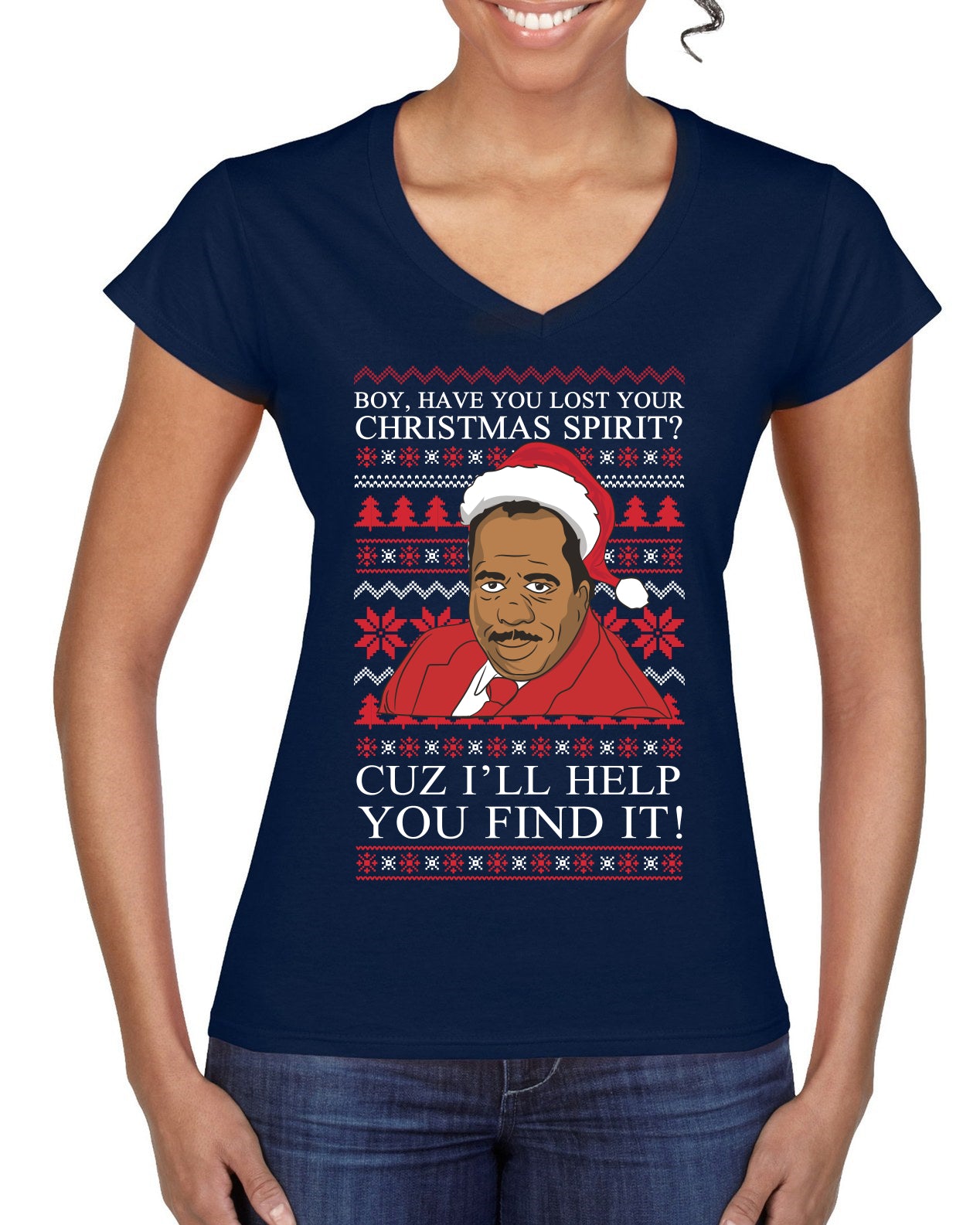 Christmas Spirit I'll Help You Find It Stanley Hudson Ugly Christmas Sweater Women’s Standard V-Neck Tee