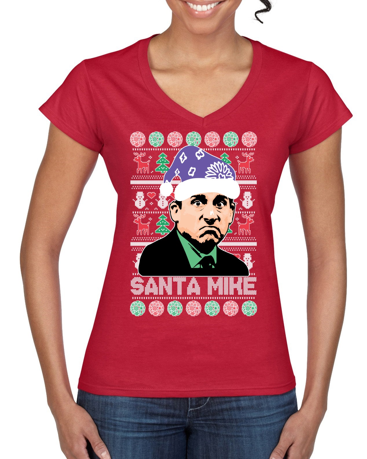 Santa Mike Michael Scott The Office Ugly Christmas Sweater Women’s Standard V-Neck Tee