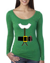 Santa Suit with Beard Belt Candy Cane Christmas Womens Scoop Long Sleeve Top