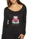 Merry Christmas Red Car with Xmas Garland Christmas Womens Scoop Long Sleeve Top