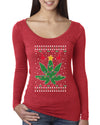 Weed Marijuana Lit Deer Pot Leaf Xmas Lights Christmas Womens Scoop Long Sleeve Top
