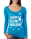 Happy Elfin Holiday Christmas Womens Scoop Long Sleeve Top