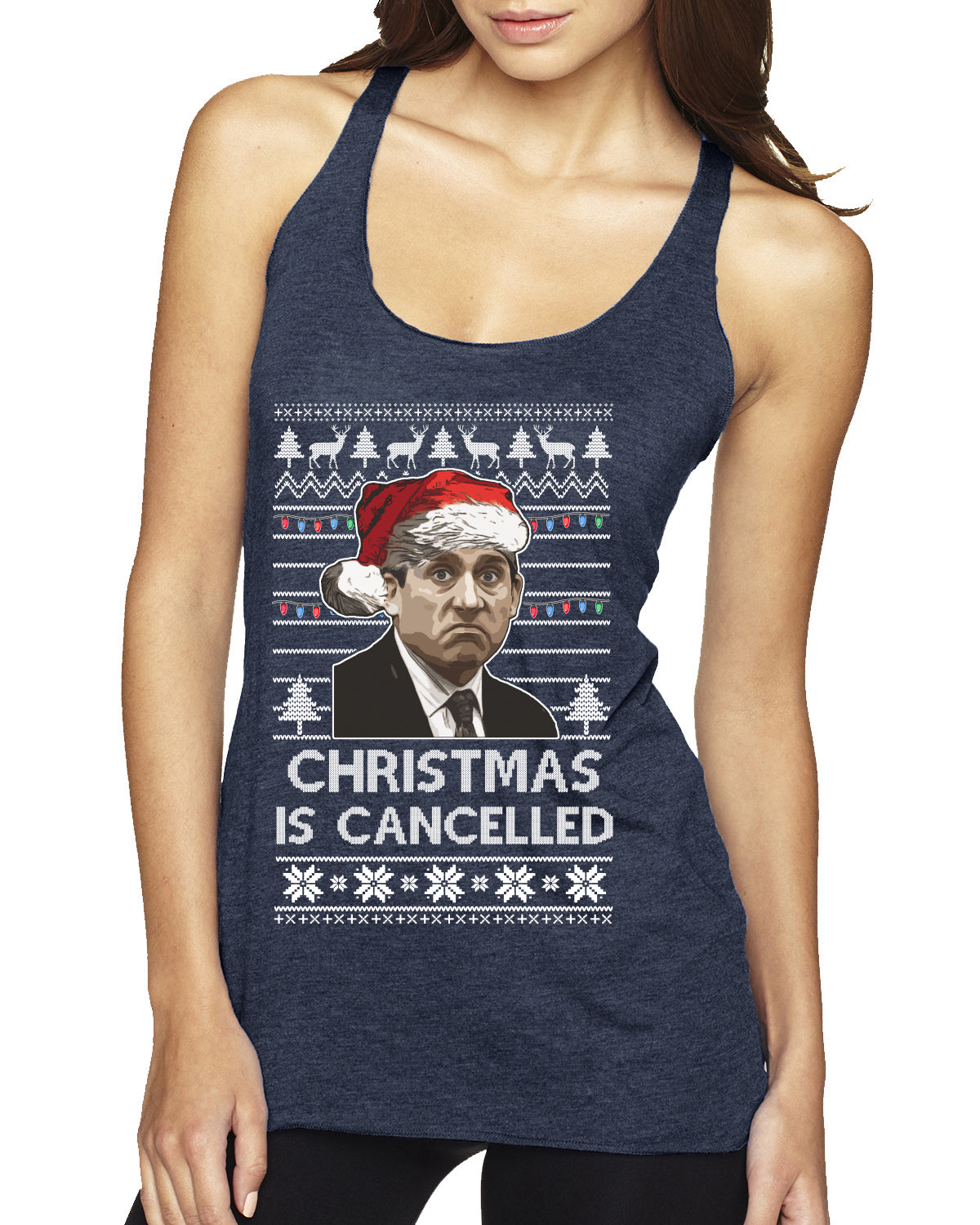 Christmas Is Cancelled Michael Scott Office Ugly Christmas Sweater Tri-Blend Racerback Tank Top