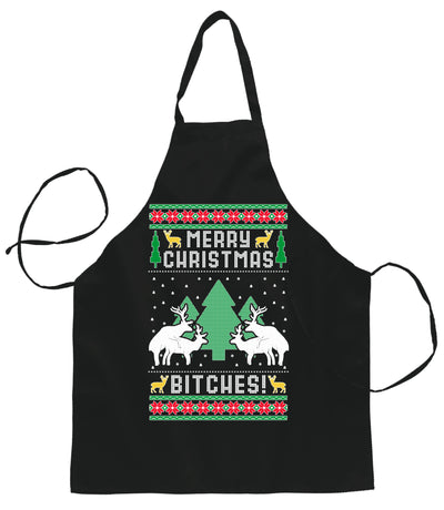 Ugly Ugly Christmas Merry Christmas Bitches Christmas Ugly Christmas Sweater Ugly Christmas Butcher Graphic Apron for Kitchen BBQ Grilling Cooking